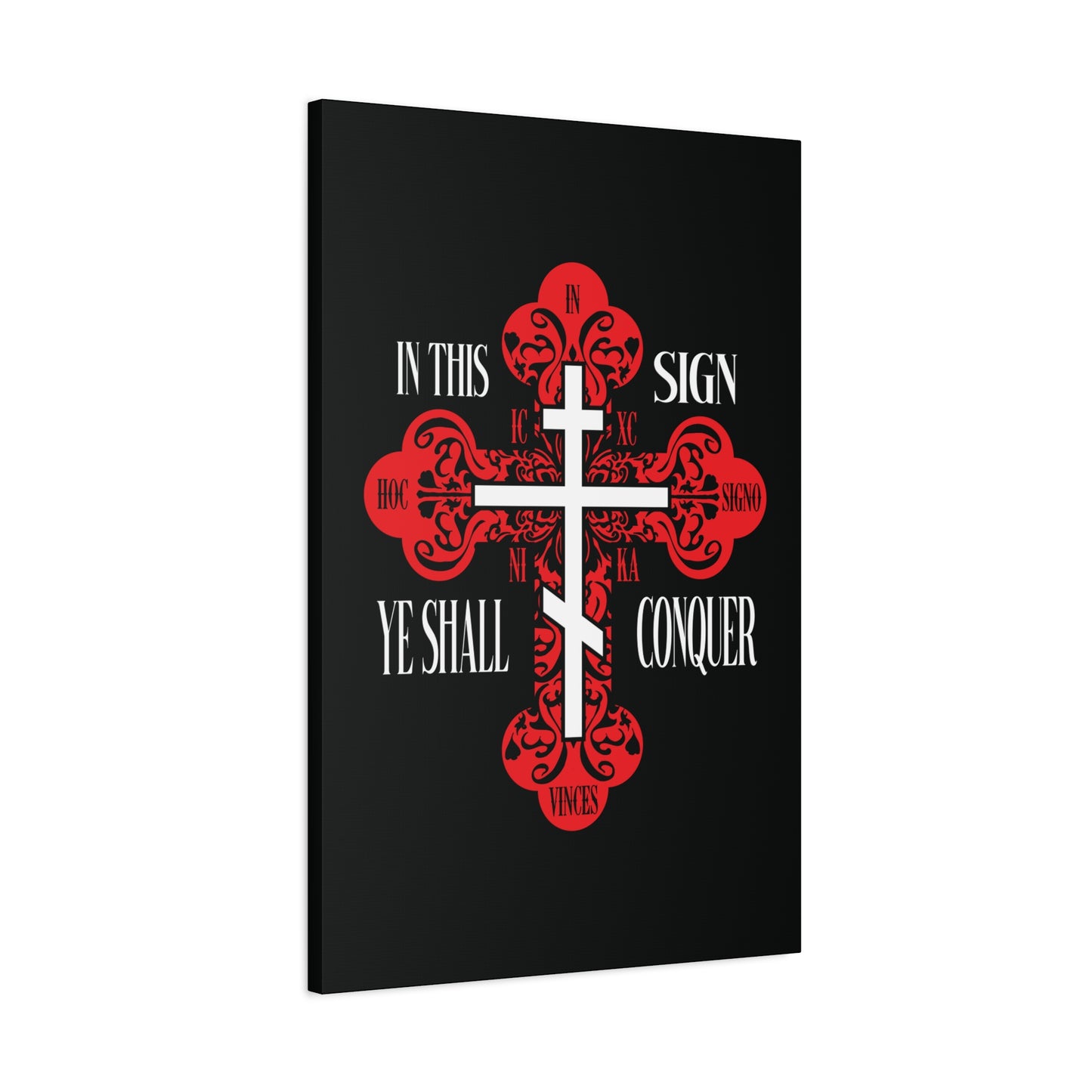 A red ornate Orthodox cross with “In Hoc Signo Vinces” (ICXC NIKA) stands out on black, symbolizing victory in Christ. "In This Sign Ye Shall Conquer" Christian wall art celebrates faith and triumph in spiritual battles.