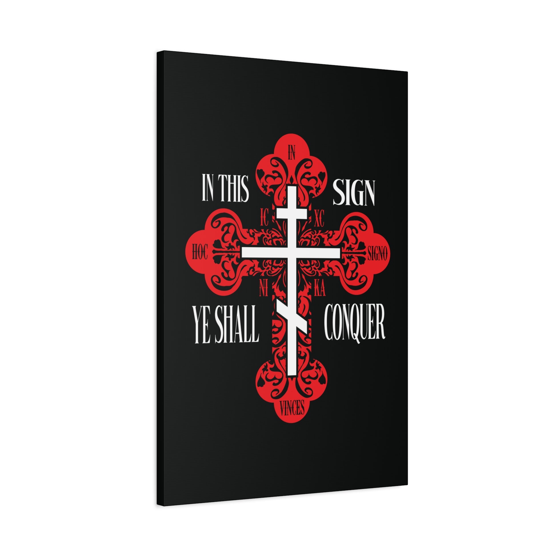 A red ornate Orthodox cross with “In Hoc Signo Vinces” (ICXC NIKA) stands out on black, symbolizing victory in Christ. "In This Sign Ye Shall Conquer" Christian wall art celebrates faith and triumph in spiritual battles.