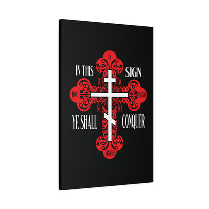 A red ornate Orthodox cross with “In Hoc Signo Vinces” (ICXC NIKA) stands out on black, symbolizing victory in Christ. "In This Sign Ye Shall Conquer" Christian wall art celebrates faith and triumph in spiritual battles.