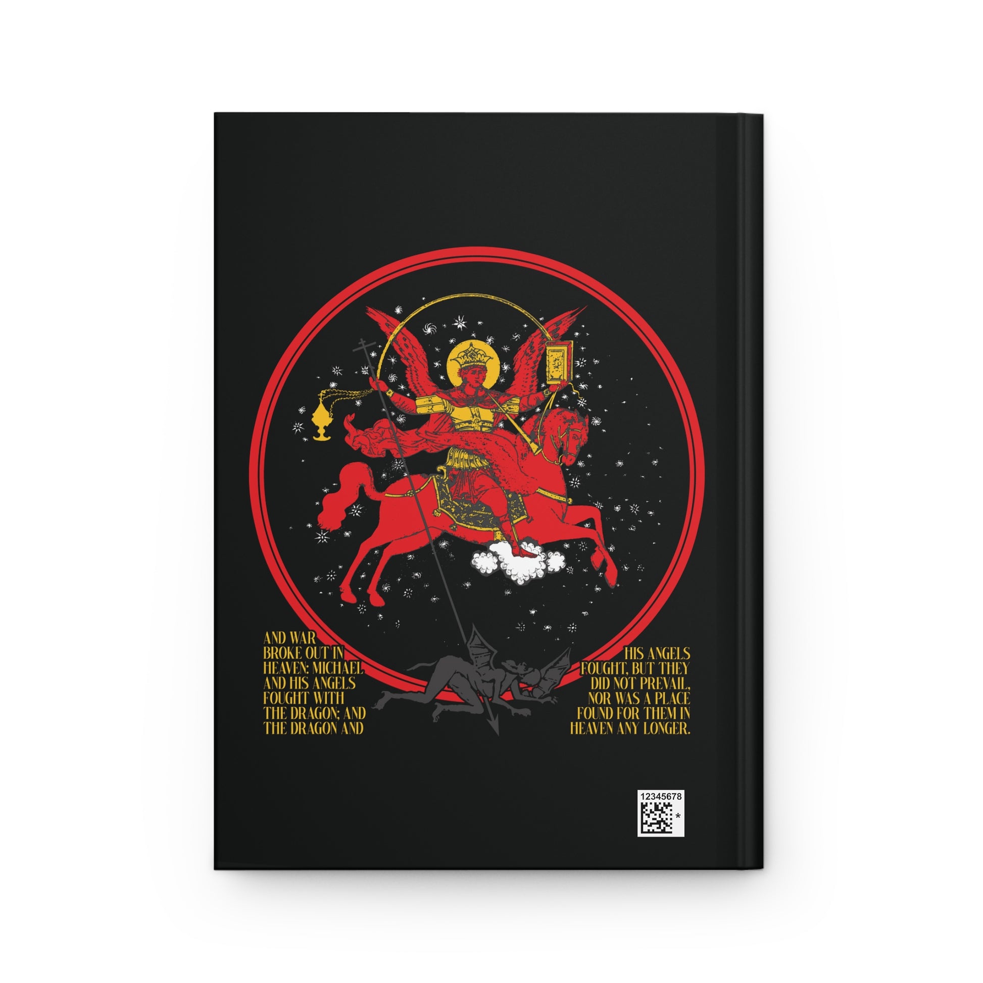 Archangel Michael of the Apocalypse Icono-Graphic: depicts him armored on a red horse above a black dragon with stars, inspired by Revelation 12—Orthodox Christian Journal "War in Heaven (Rev 12:7-9) | Satan Cast Out".