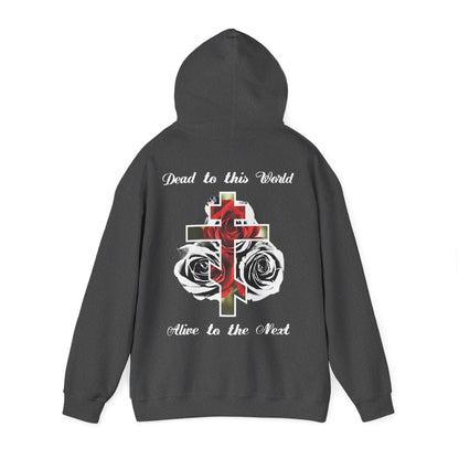 Dead to This World Alive to the Next Orthodox Cross & Gothic Rose BACK PRINT w/ Embroidered White Cross on Front Left Breast | Christian Hoodie
