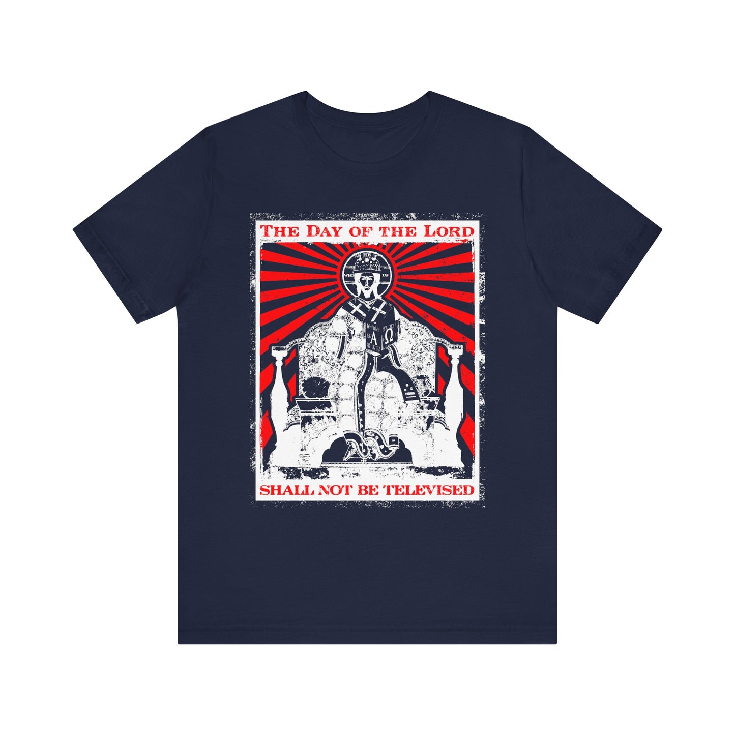Navy lightweight cotton unisex tee featuring a bold red, white, and black graphic with the statement "The Day of the Lord Shall Not Be Televised," inspired by Bible verses and rooted in Christian faith.