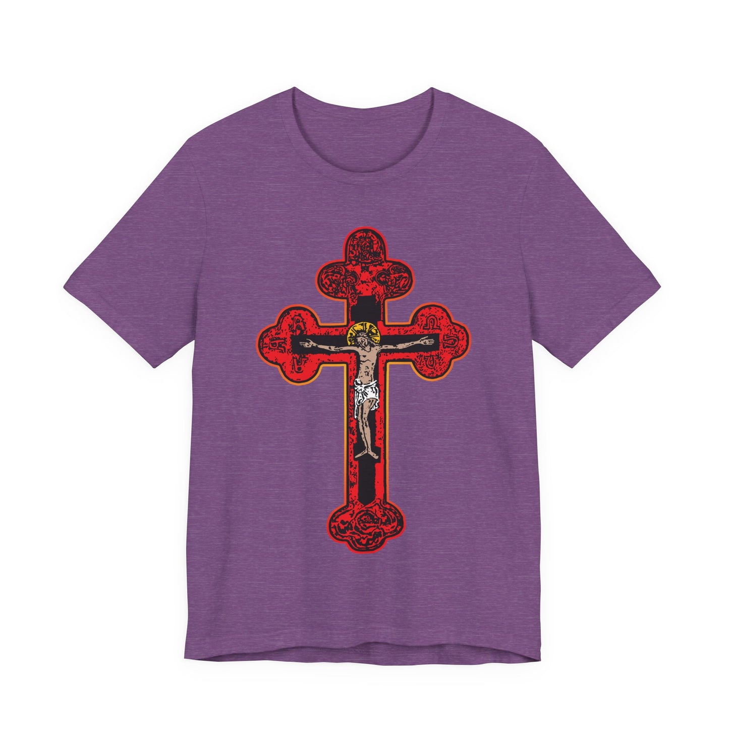 Heather Team Purple unisex tee with a bold Byzantine Golgotha Cross in red, featuring Alpha & Omega accents and a central gold and silver Orthodox crucifix—Christian apparel inspired by "I Am Crucified With Christ.