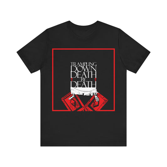 Black cotton T-shirt featuring "Trampling Down Death By Death" in white and red within a red square, with iconographic Jesus’ feet on the Gates of Hades. Inspired by Pascha, Resurrection, and Orthodox Christian faith.