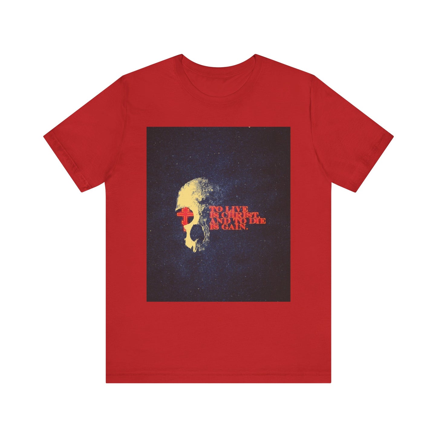 Showcase your faith in style with the "To Live is Christ and to Die is Gain" red lightweight cotton unisex tee, featuring retro textured glowing letters, a cross with a skull graphic, and the powerful message from Phil 1:21 on the front—perfect for those inspired by reflections found in Paul’s epistles.