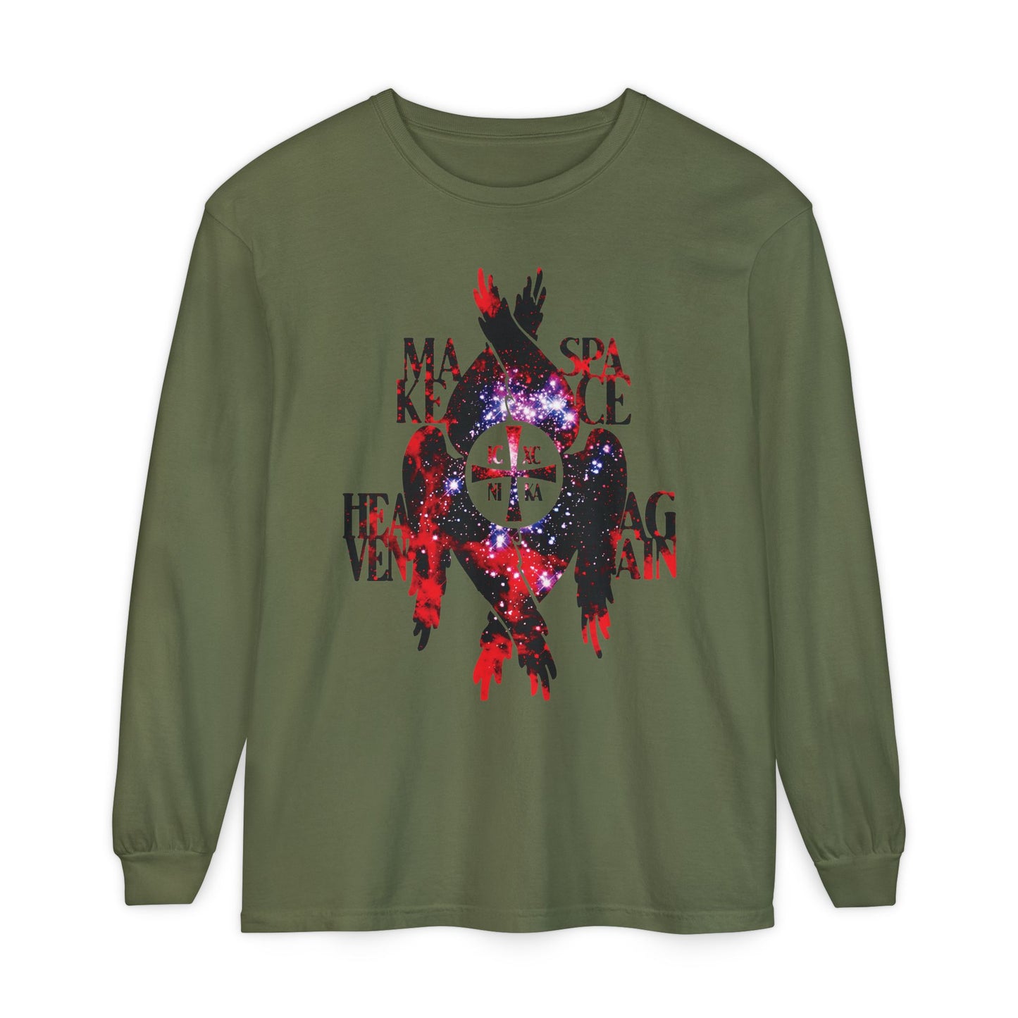 Hemp long-sleeve shirt featuring a galaxy and red hand graphic with black and red distressed "Make Space Heaven Again" text, ICXC NIKA Cross, and Seraphim wings—Orthodox Christian inspired.