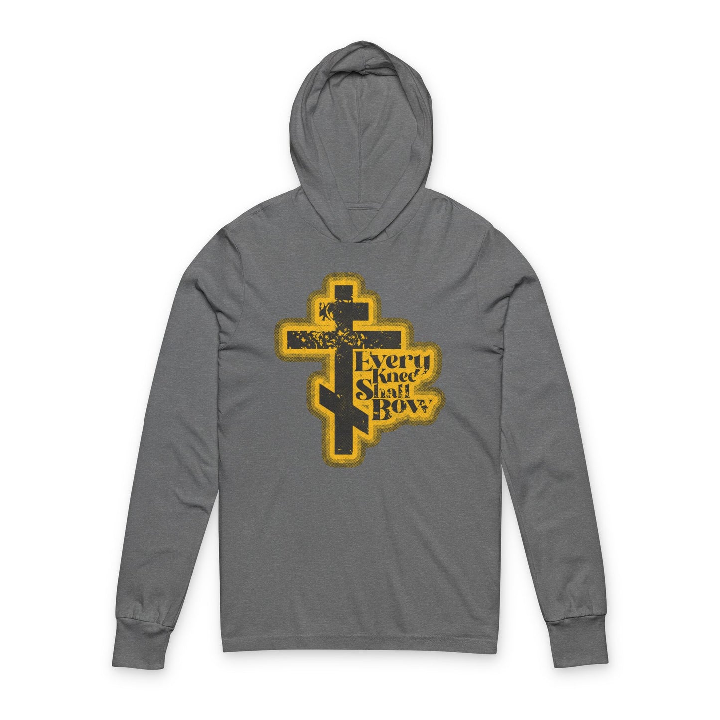 Grey TriBlend hoodie, “Every Knee Shall Bow” with a 70s distressed halftone comic book style cross, inspired by Philippians 2:10-11 & Isaiah 45:23; Orthodox Christian hooded shirt.