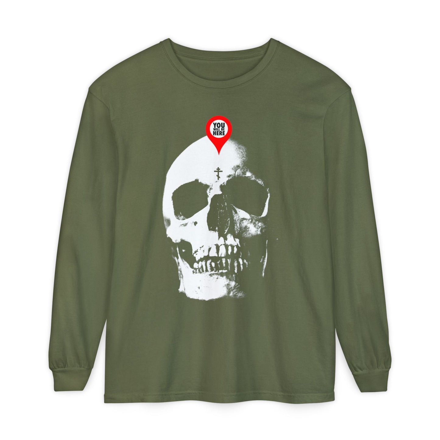 Hemp long-sleeve shirt with a white skull and red map marker design, inspired by "You Will Be Here" and the memento mori message: "What You Are I Once Was. Remember You Will Die.