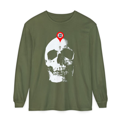 Hemp long-sleeve shirt with a white skull and red map marker design, inspired by "You Will Be Here" and the memento mori message: "What You Are I Once Was. Remember You Will Die.