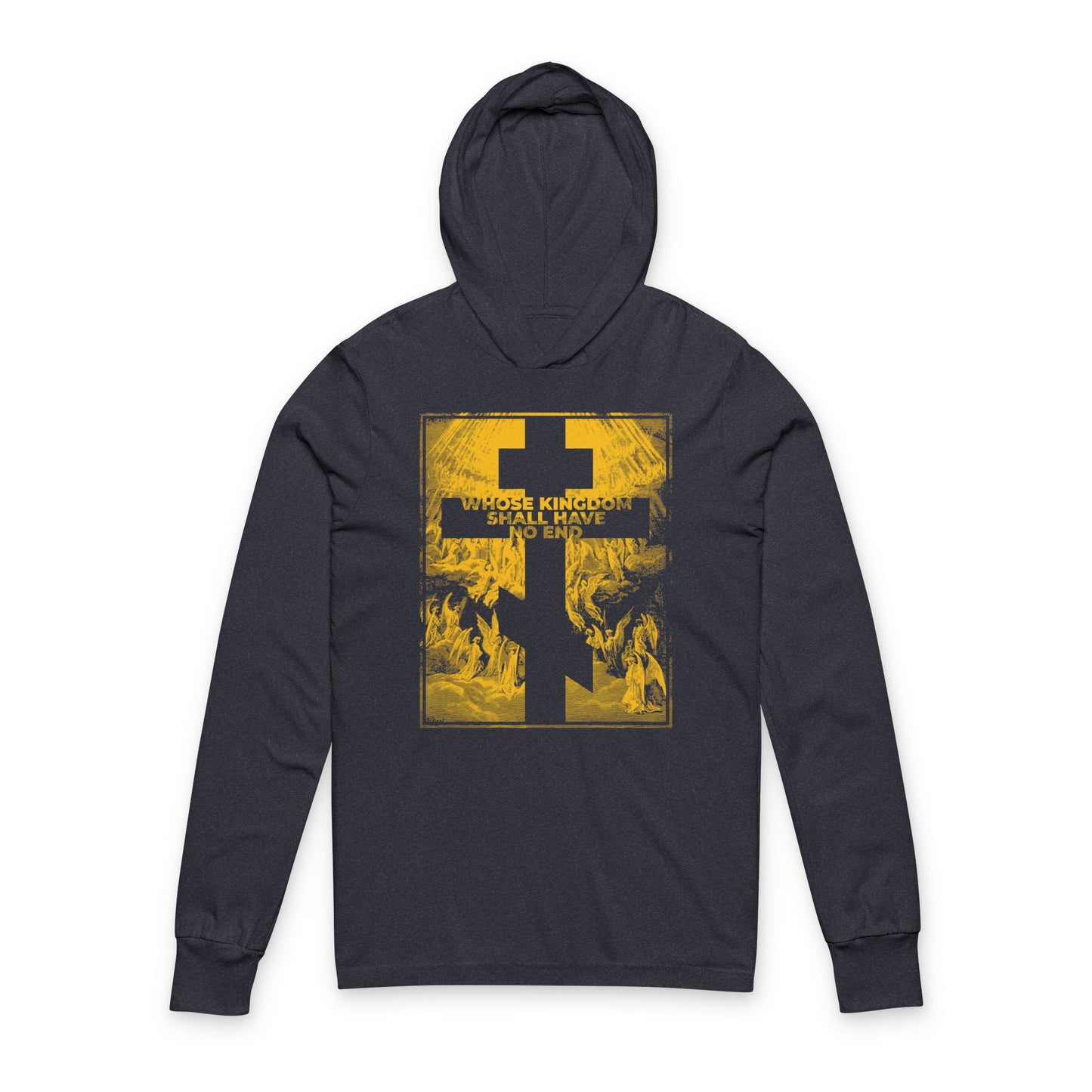 Heather navy Orthodox hooded shirt featuring Gustave Dore’s Apocalypse etching and the text "Whose Kingdom Shall Have No End"—a bold tribute to the Nicene Creed's enduring declaration of faith.