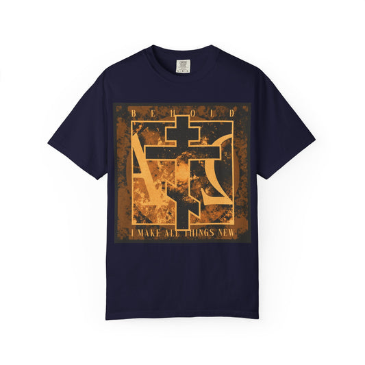 True Navy heavyweight cotton unisex t-shirt featuring a bold brown and orange Orthodox cross with Alpha & Omega background, and the text: "Behold, I Make All Things New (Rev 21:5)"—a powerful reminder of the promise found in Revelation 21.