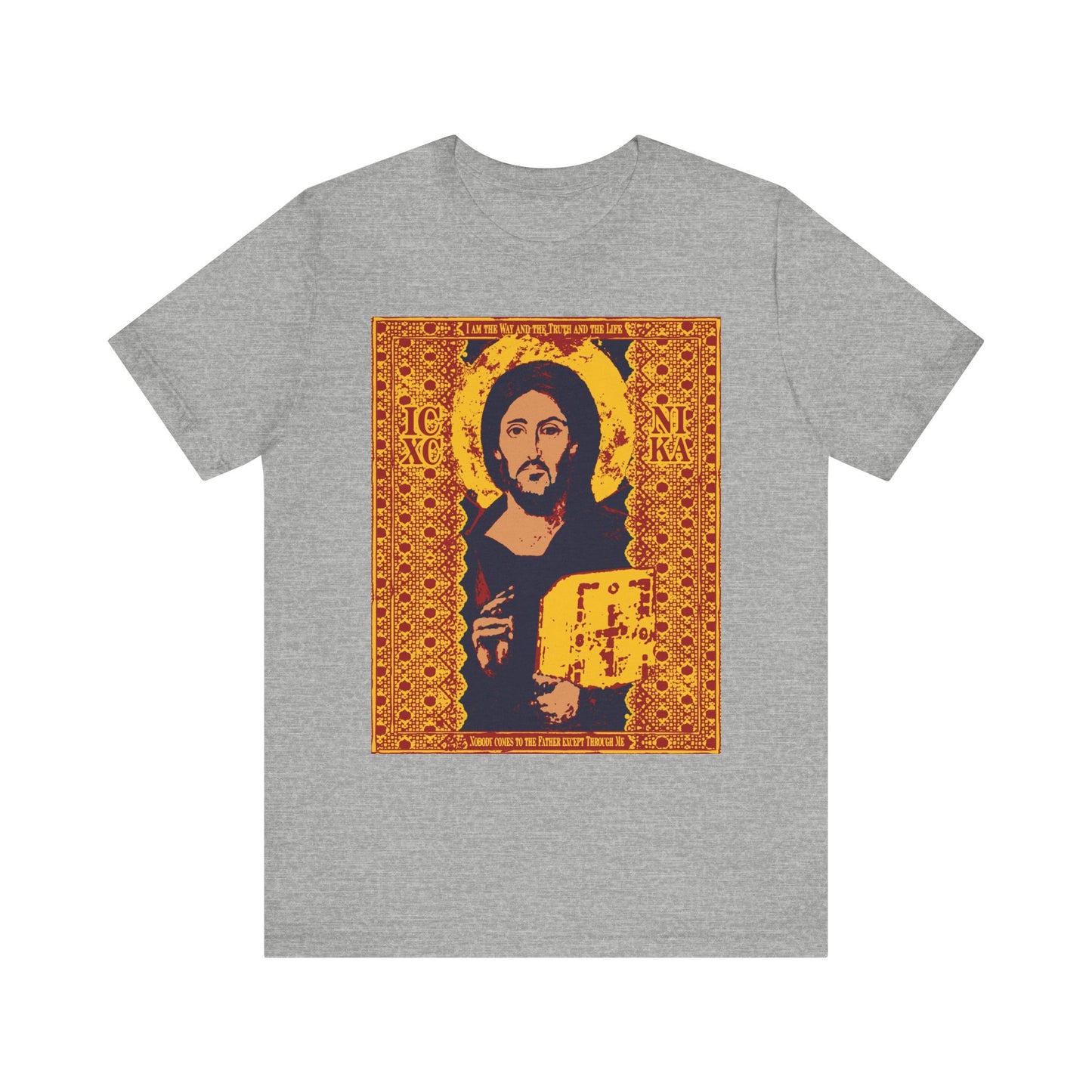 Athletic Heather unisex lightweight cotton tee featuring the Sinai Pantocrator IconoGraphic of Jesus Christ with a golden patterned border and Greek ICXC NIKA letters, inspired by John 14:6—"I am the Way, the Truth, and the Life.