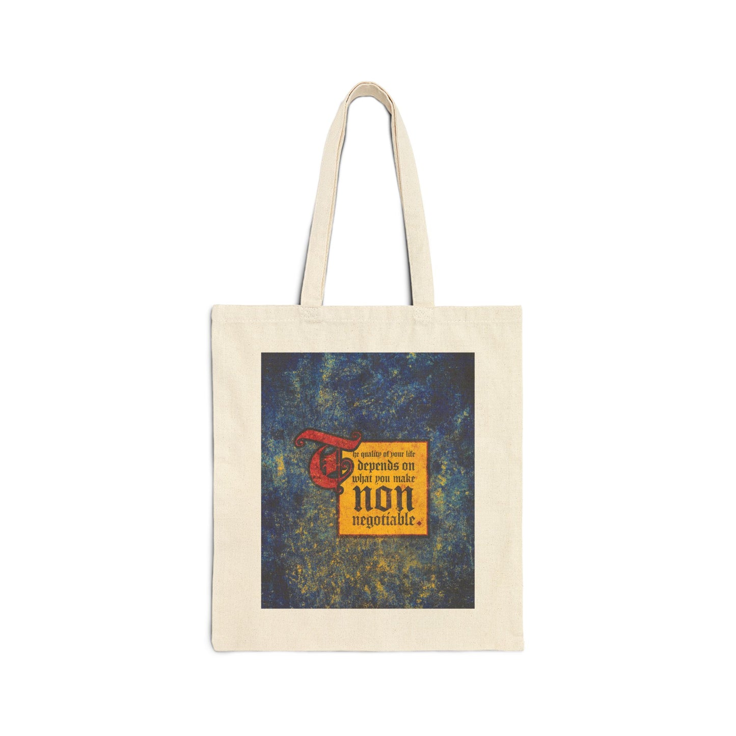 Natural tote bag featuring a medieval-style graphic: “The Quality of Your Life Depends on What You Make Non-Negotiable.” A motivational statement for Orthodox Christians, perfect for carrying your essentials with bold, uncompromising faith.
