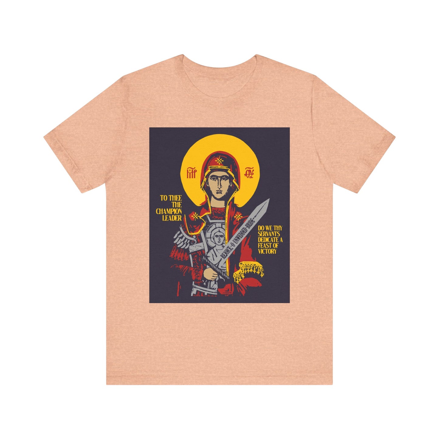 Heather Peach unisex tee featuring the Theotokos with a sword icon, yellow halo, and gold text—celebrating the Divine Incarnation. "To Thee the Champion Leader" Orthodox Christian graphic. Lightweight cotton.