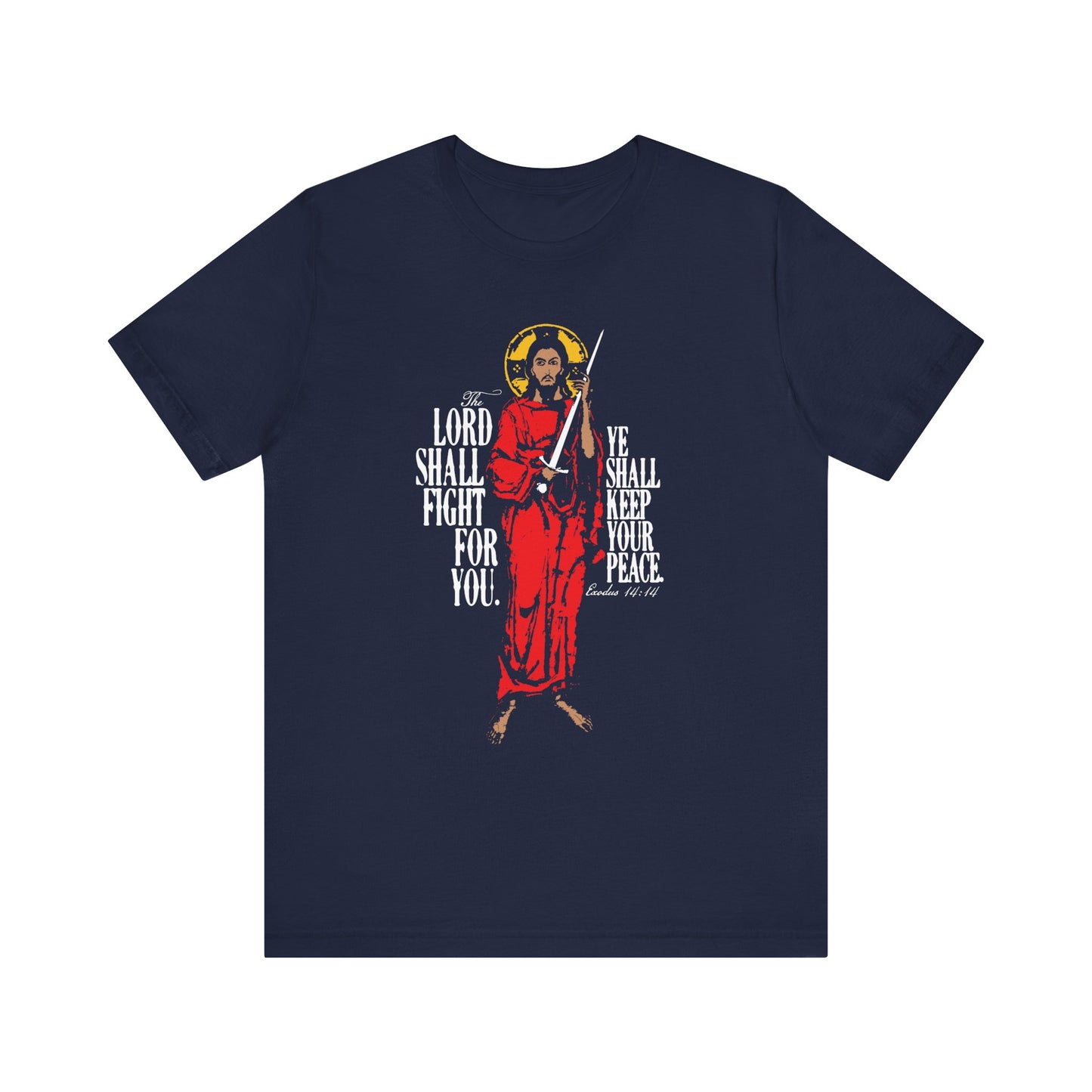 Navy "The Lord Shall Fight For You (Exodus 14:14)" tee featuring Jesus Christ with sword iconographic art; lightweight cotton unisex design inspired by the message of salvation in Exodus 14:14.