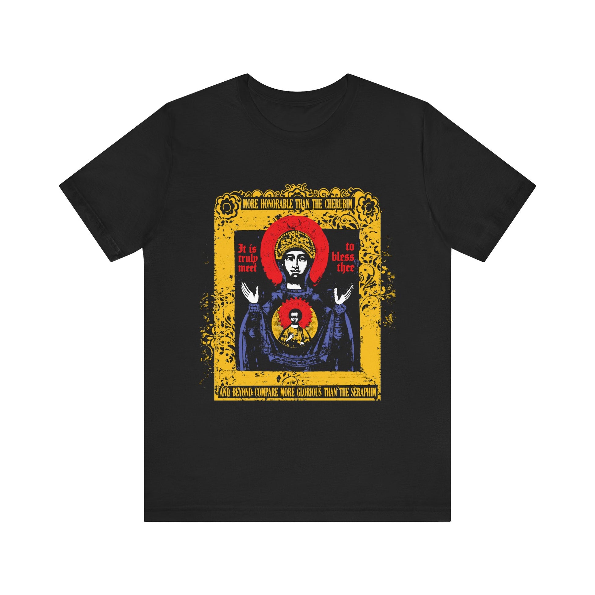 Black unisex lightweight cotton tee featuring an ornate, colorful iconographic image of the Mother of God Theotokos and decorative gold text inspired by the revered Axion Estin hymn, "It is Truly Meet To Bless Thee.