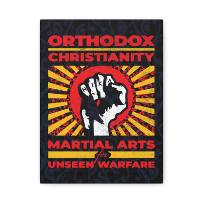 Orthodox Christianity: Martial Arts for Unseen Warfare | NIKA Jesus Fist on Colorful Sunburst Design | Orthodox Christian Canvas Art