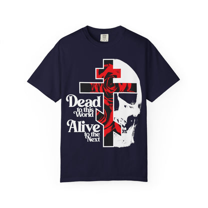 True Navy "Dead to this World" Christian Goth t-shirt with flower cross, skull, and 70s typography—bestselling heavyweight cotton design symbolizing renouncing the world for blessed dispassion. Unisex fit.