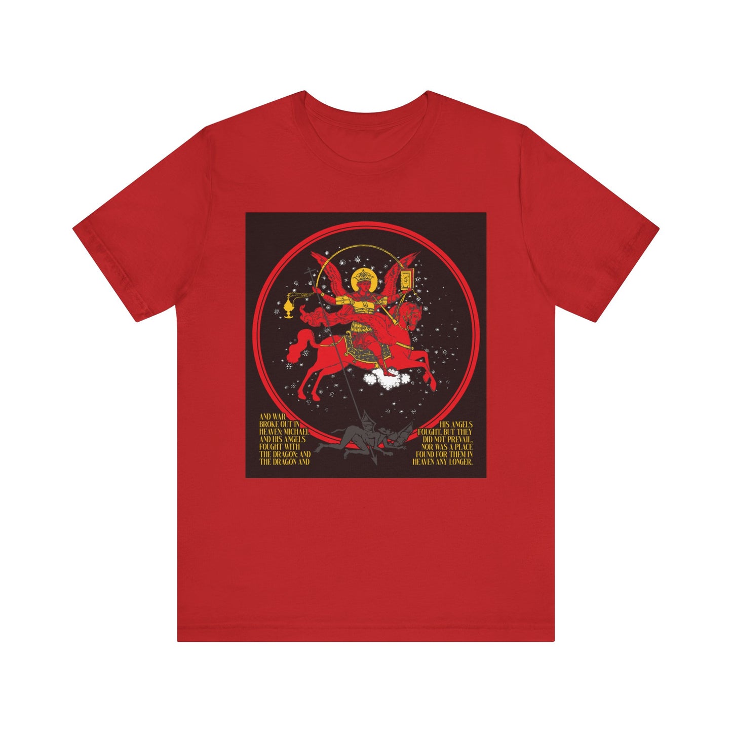 Red Archangel Michael of the Apocalypse Iconographic / Death is Swallowed Up In Victory DOUBLE-SIDED unisex t-shirt featuring Michael on horseback slaying a dragon, inspired by Revelation 12:7-9, with gold and red accents. Lightweight cotton.