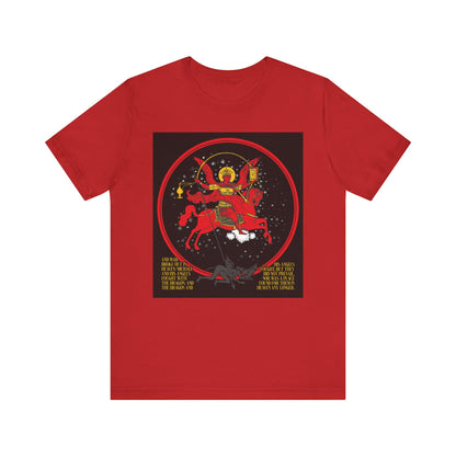 Red Archangel Michael of the Apocalypse Iconographic / Death is Swallowed Up In Victory DOUBLE-SIDED unisex t-shirt featuring Michael on horseback slaying a dragon, inspired by Revelation 12:7-9, with gold and red accents. Lightweight cotton.