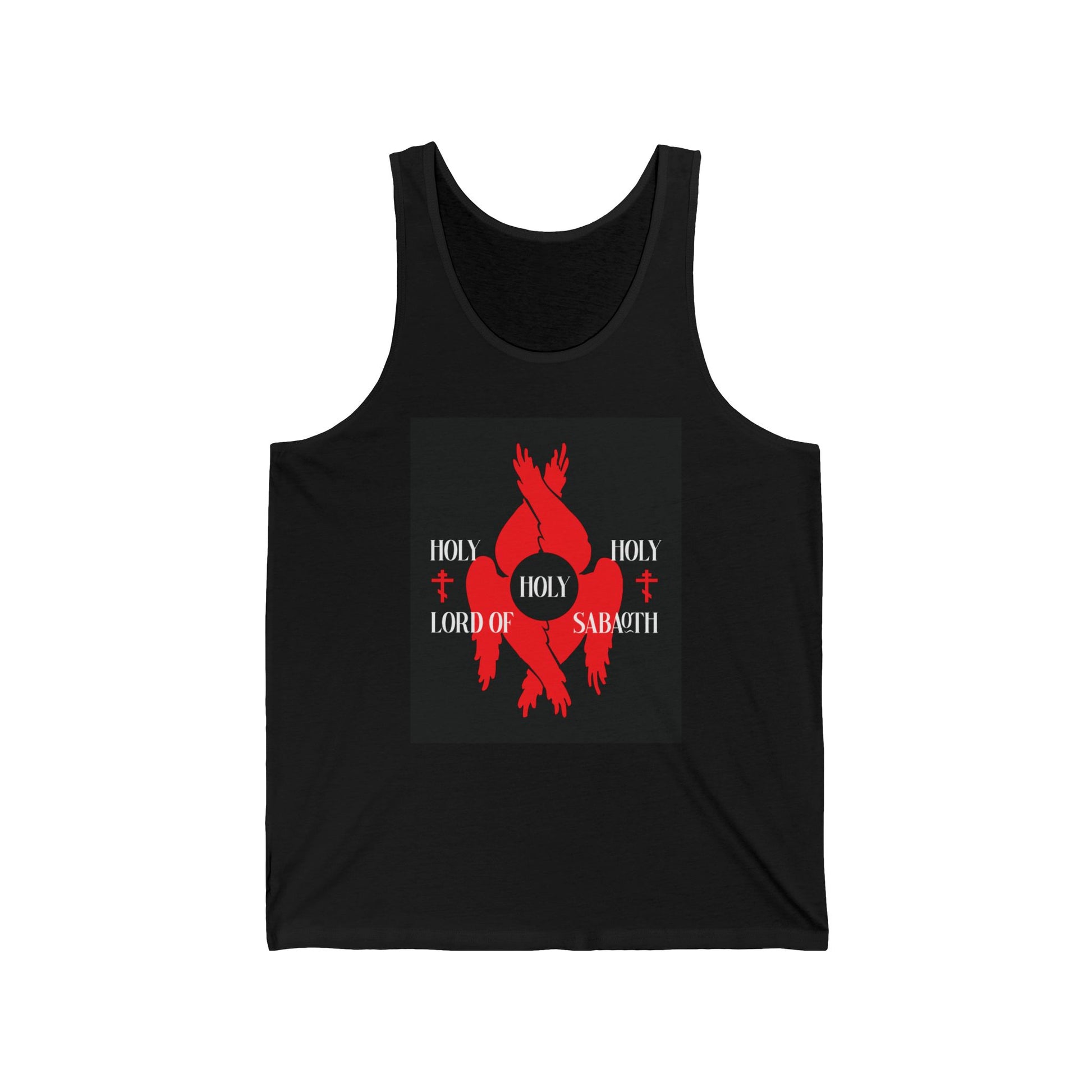 Black "Holy Holy Holy Lord of Sabaoth" cotton tank top with red seraphim wings, Orthodox crosses, and Isaiah 6:3 design, inspired by Divine Council and Orthodox Christian symbolism.