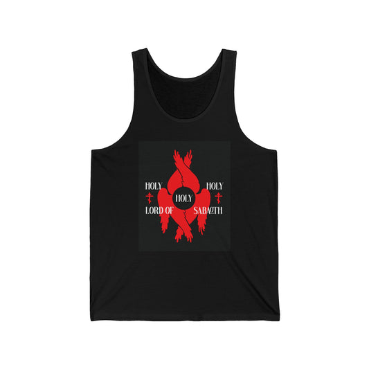 Black "Holy Holy Holy Lord of Sabaoth" cotton tank top with red seraphim wings, Orthodox crosses, and Isaiah 6:3 design, inspired by Divine Council and Orthodox Christian symbolism.