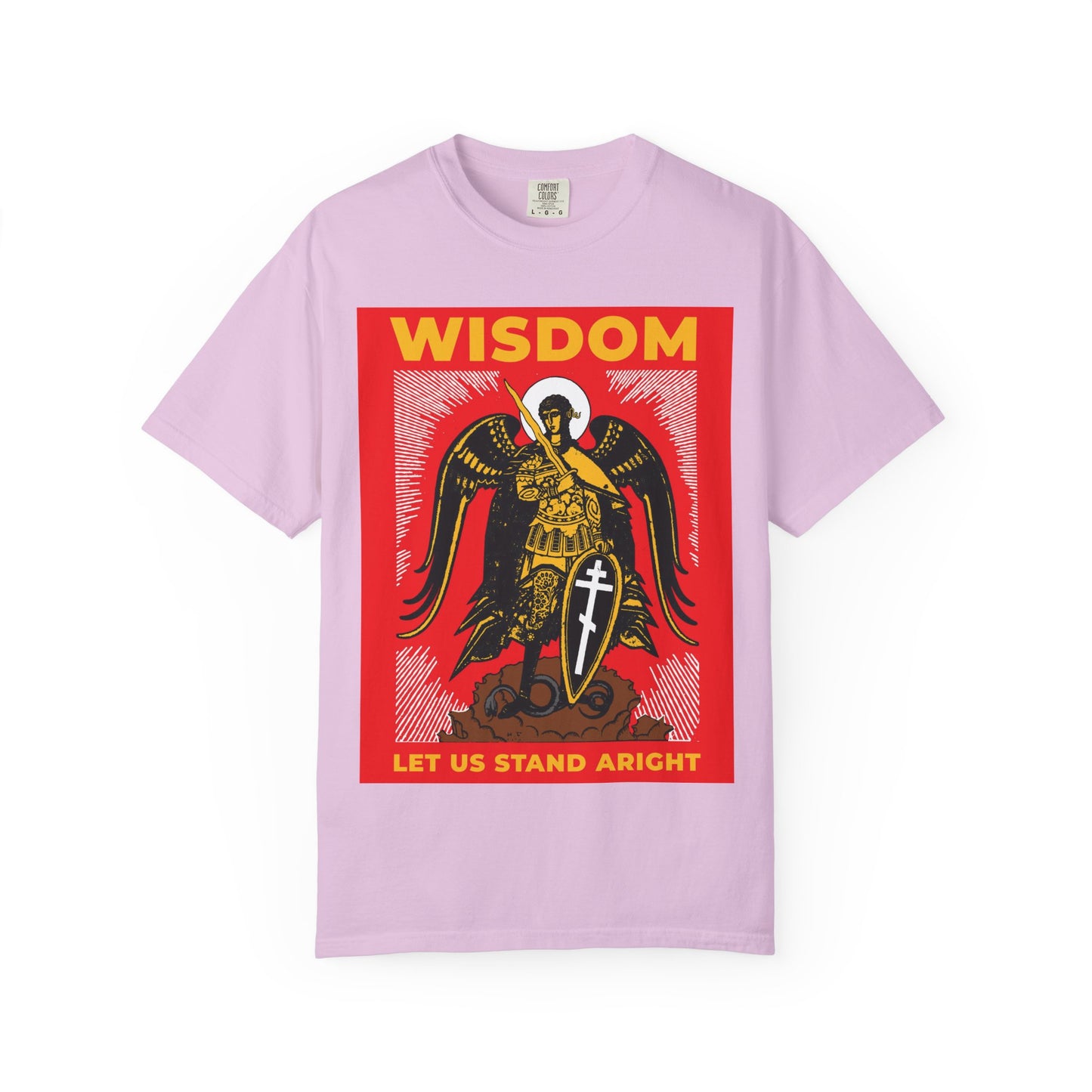 Orchid heavyweight cotton tee with a Russian illustration of Archangel Michael the Warrior (shield & sword) and "Wisdom, Let Us Stand Aright" text, inspired by Revelation 12's war in heaven. Unisex Orthodox style.