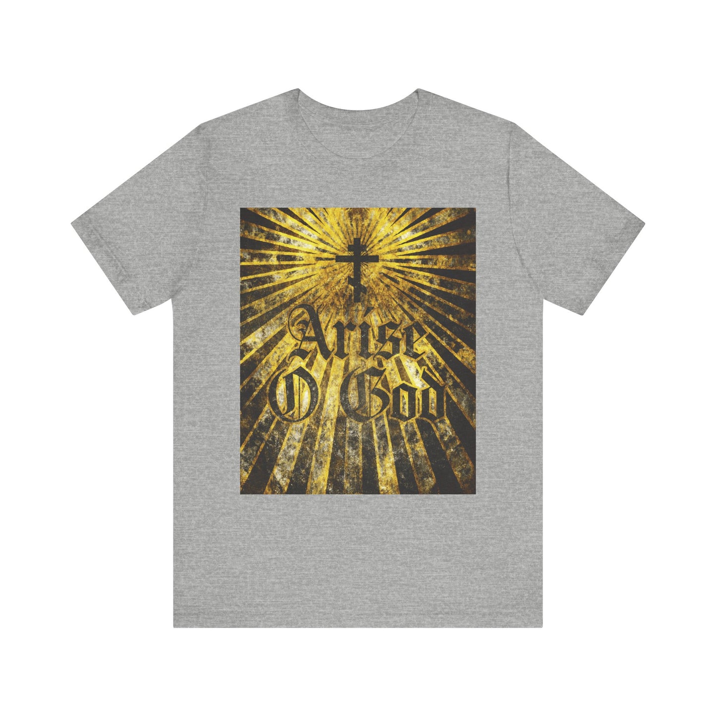 Athletic Heather t-shirt featuring "Arise O God" in a textured Gothic font with Orthodox cross and golden rays, inspired by Psalm 81 (82 LXX) and Divine Council themes. Lightweight cotton, unisex fit.