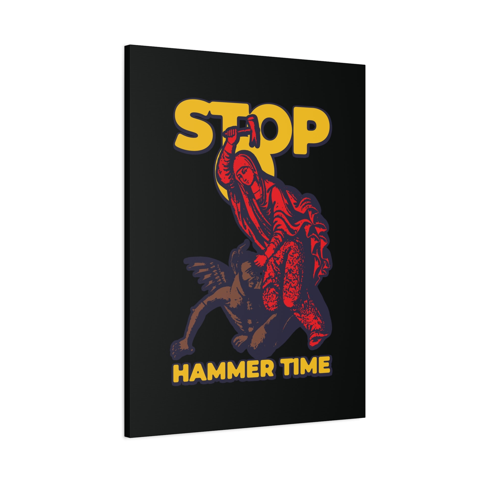 St Marina of Antioch Beating the Devil with a Hammer | Stop, Hammer Time – a modern Orthodox meme in red, blue, and yellow featuring Christian wall art inspired by tales of saints.
