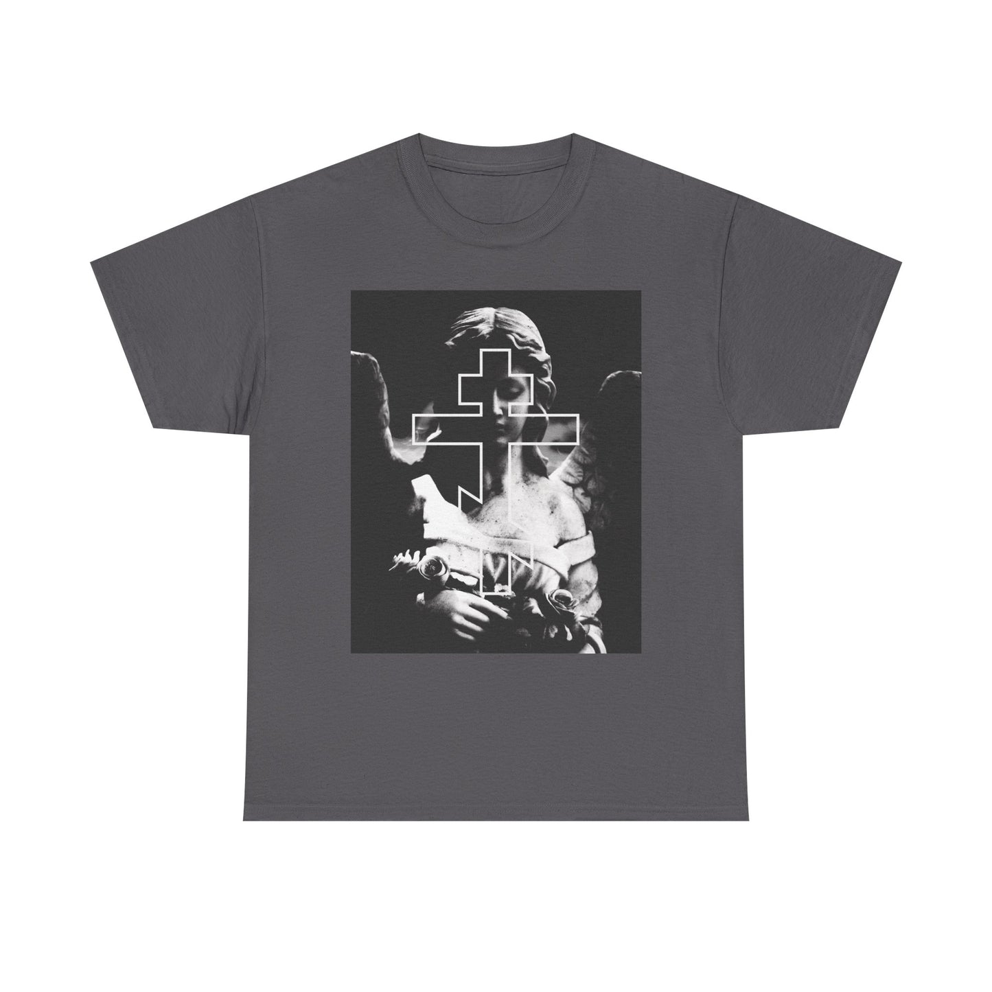 Charcoal midweight cotton unisex tee featuring grayscale cemetery angels with a bold Orthodox Cross outline; goth aesthetic and memento mori design. Product name: Cemetery Angel Orthodox Cross.