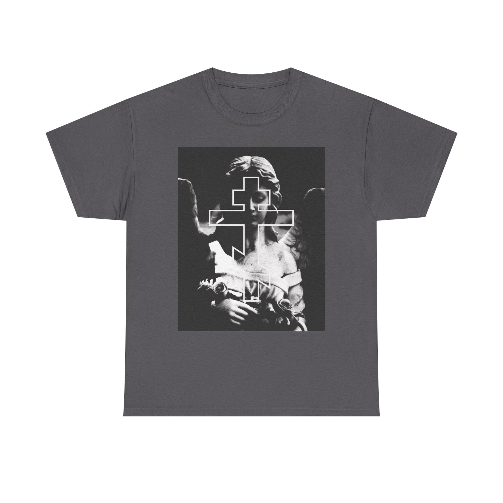 Charcoal midweight cotton unisex tee featuring grayscale cemetery angels with a bold Orthodox Cross outline; goth aesthetic and memento mori design. Product name: Cemetery Angel Orthodox Cross.