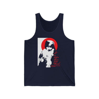 The “It’s Later Than You Think” tank top by Remembrance of Death features a high-contrast black and white cat with a red circle backdrop and script, inspired by Fr Seraphim Rose and Orthodox Christian memento mori themes.