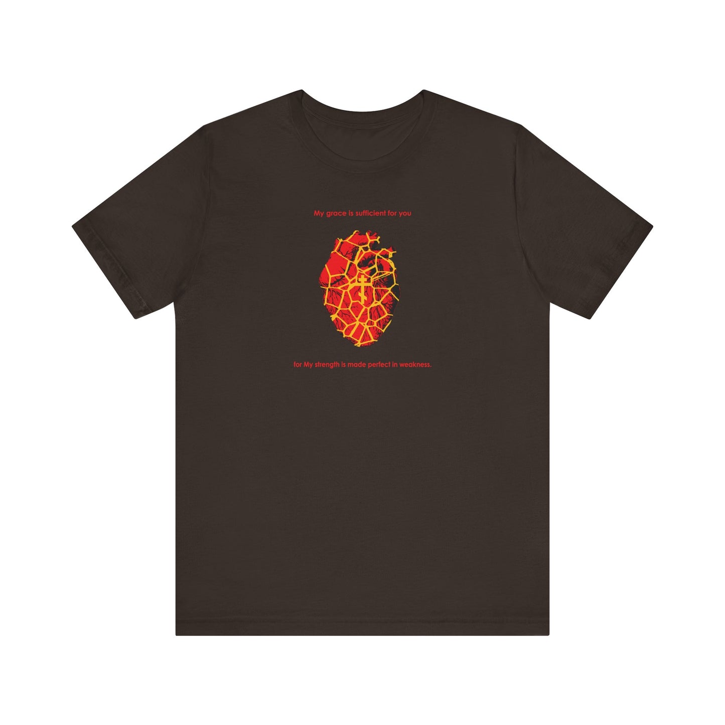 Brown lightweight cotton unisex tee featuring a Kintsugi-style golden broken heart with Orthodox cross artwork and “My Strength is Made Perfect in Weakness” (2 Cor 12:9) printed in red above and below the design.