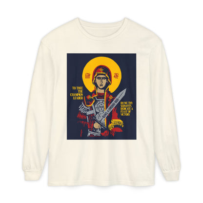To Thee the Champion Leader | Mother of God | Theotokos with Sword IconoGraphic | Orthodox Christian Long Sleeve Shirt