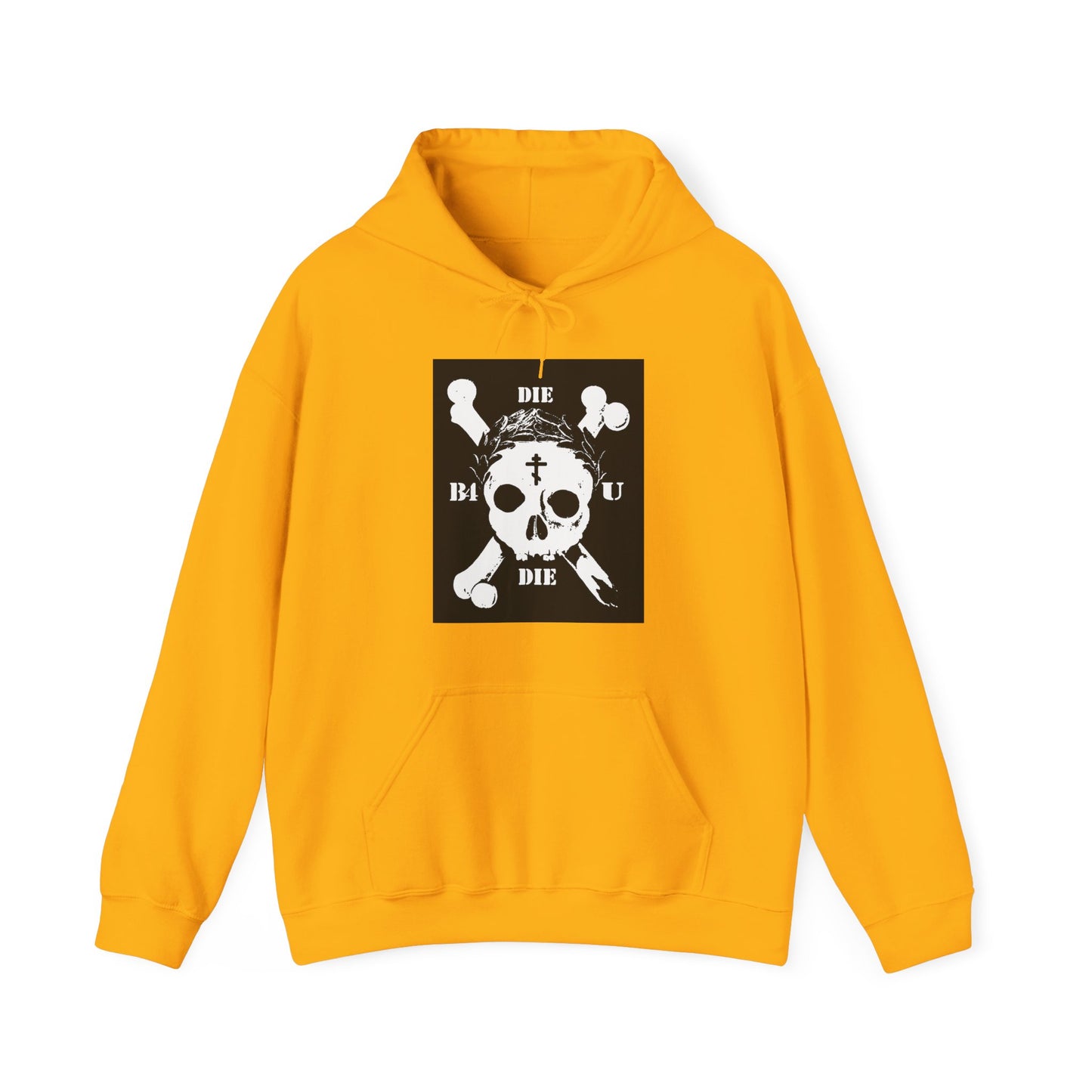The "Die Before You Die" hoodie features a retro skull & crossbones, Orthodox cross, and laurel wreath graphic—an ascetic Christian nod to Matthew 16:24-25 and memento mori.