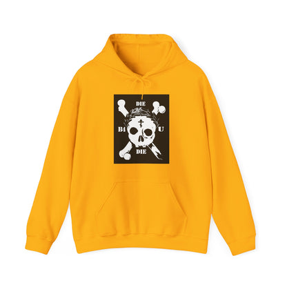 The "Die Before You Die" hoodie features a retro skull & crossbones, Orthodox cross, and laurel wreath graphic—an ascetic Christian nod to Matthew 16:24-25 and memento mori.