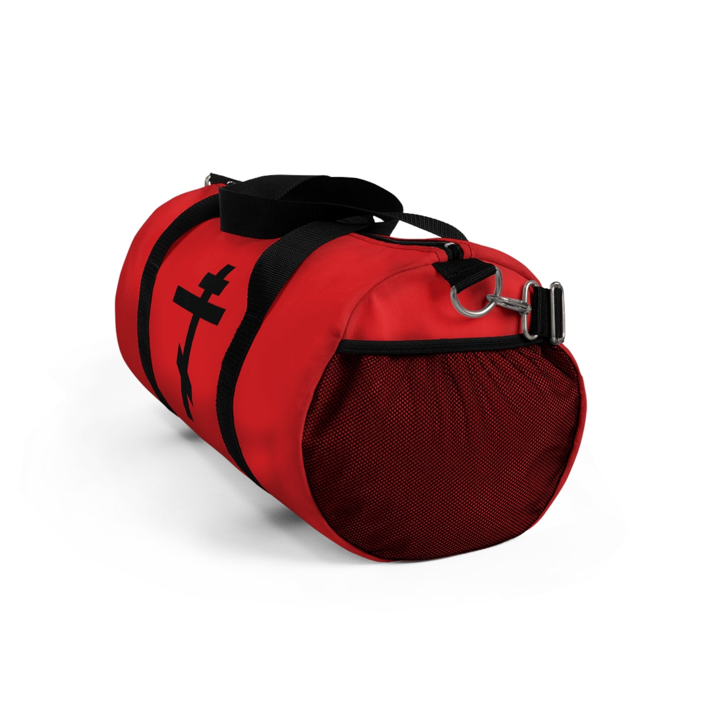 Red duffel bag featuring a black Orthodox cross on a red background and Gal 6:14—ideal for carrying your books or gear. "May I never boast, except in the cross of our Lord Jesus Christ." Orthodox Christian gym duffel bag.