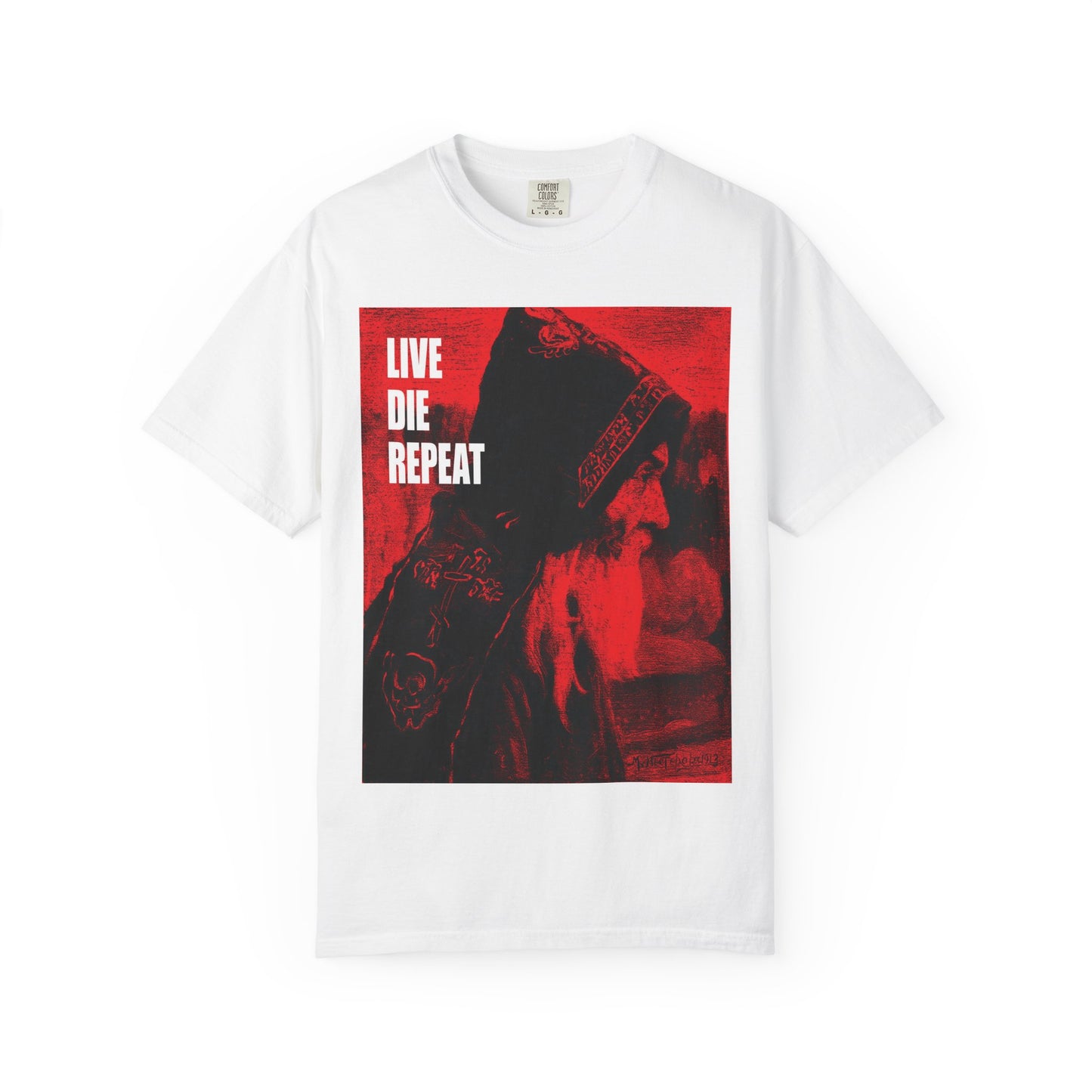White heavyweight cotton unisex tee featuring Mikhail Nesterov's Orthodox monk art and the quote "Die Every Day, You Will Live Forever"—an ascetic reminder to live forever in spirit.