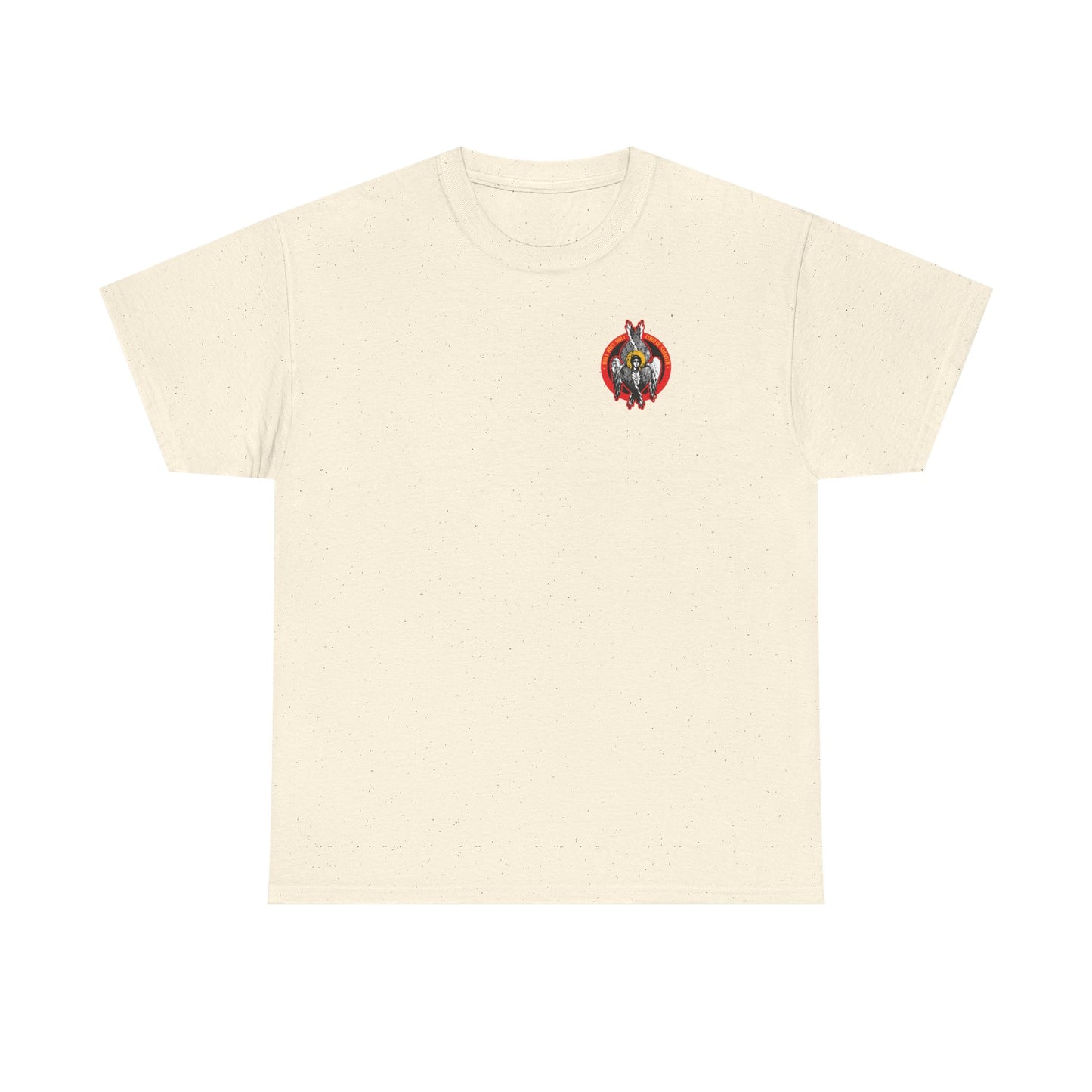 Natural t-shirt featuring a small, vibrant seraphim angel icon-graphic on the left chest—part of the Holy Holy Holy Heavenly Hosts of God collection. Made from midweight cotton for comfortable, unisex style.