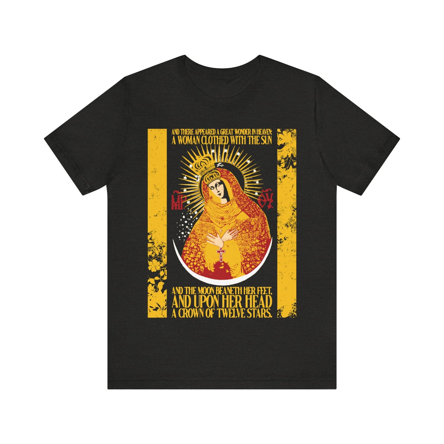 Our Lady the Gate of Dawn | Woman of the Apocalypse Rev 12:1 | Theotokos Gold Floral Texture Design | Orthodox Christian Cotton T-Shirt