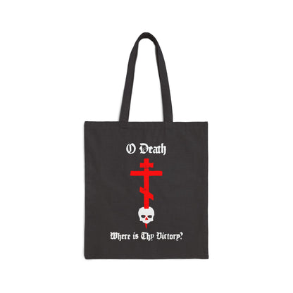 O Death Where is Thy Victory? 1 Cor 15:55 | Cross Stabbing Skull | Spraypaint Aesthetic | Orthodox Christian Canvas Tote Bag