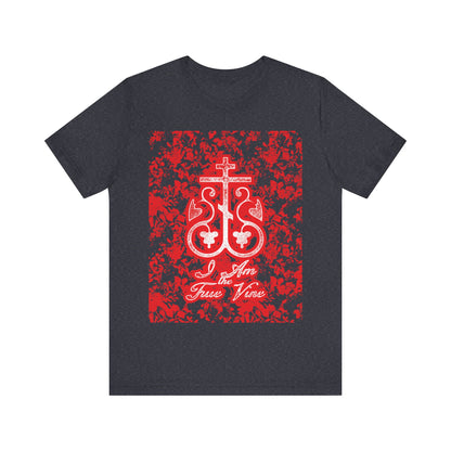 I Am the True Vine (John 15:1) | Orthodox Cross Vine Monogram | Red and Black Floral Design | Orthodox Christian T-Shirt