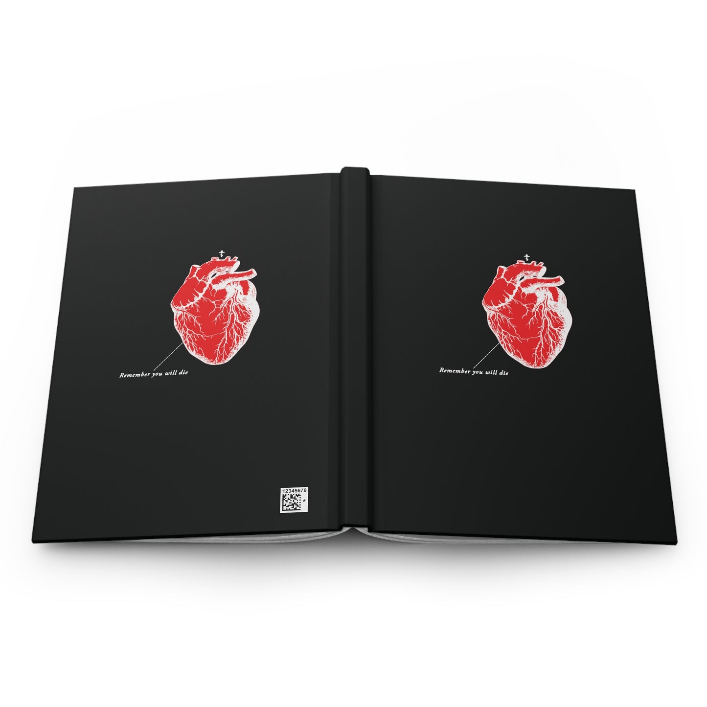 The black hardcover journal features red anatomical heart illustrations and the phrase Sometime you will die on both covers, with lined pages ideal for reflections or quotes from Holy Fathers. The design is inspired by retro medical textbooks and includes inverted shadows.