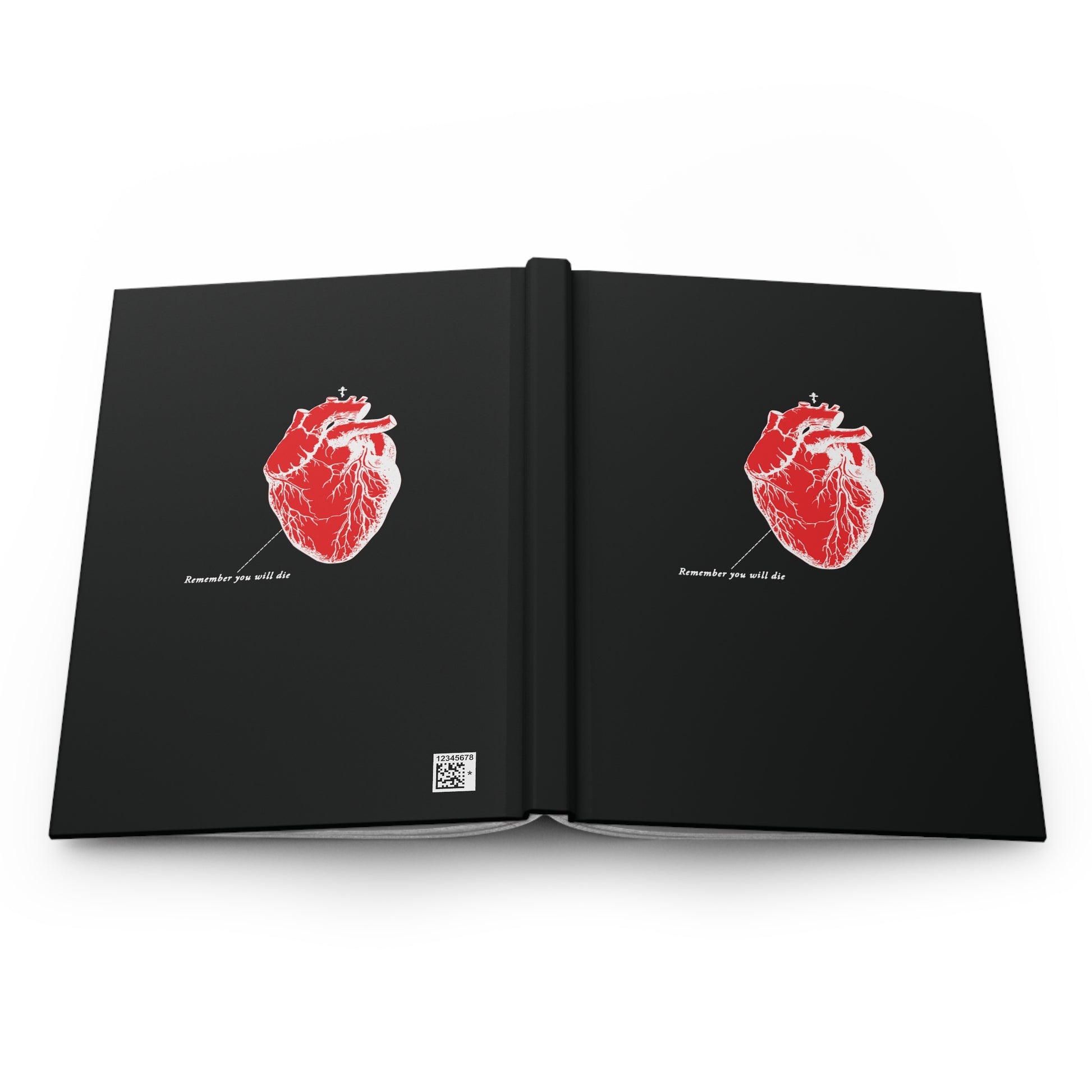 The black hardcover journal features red anatomical heart illustrations and the phrase Sometime you will die on both covers, with lined pages ideal for reflections or quotes from Holy Fathers. The design is inspired by retro medical textbooks and includes inverted shadows.