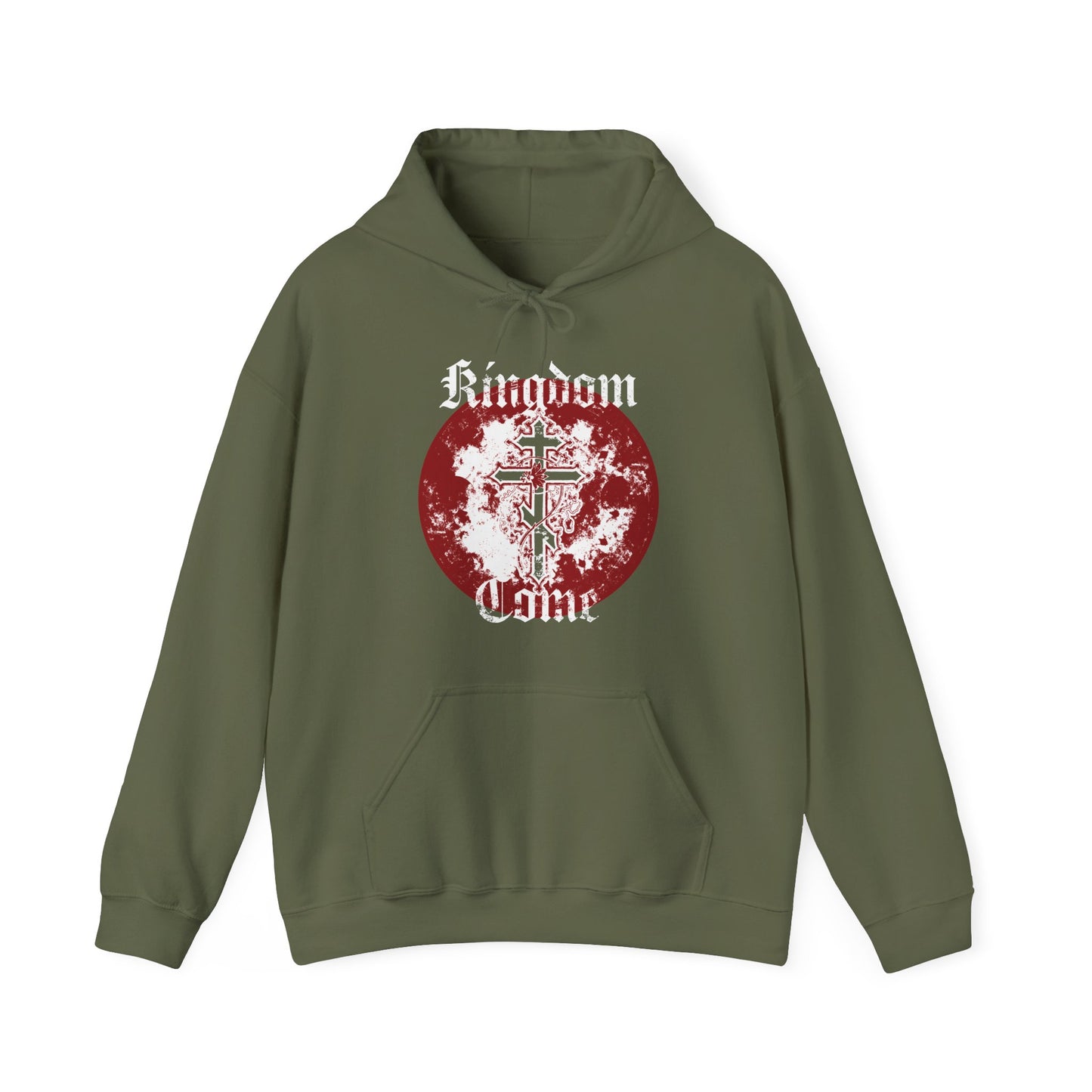 Military green "Kingdom Come" hoodie features the Lord's Prayer in textured gothic font and an Orthodox cross with vine over a red, moon-like circle design on the chest.