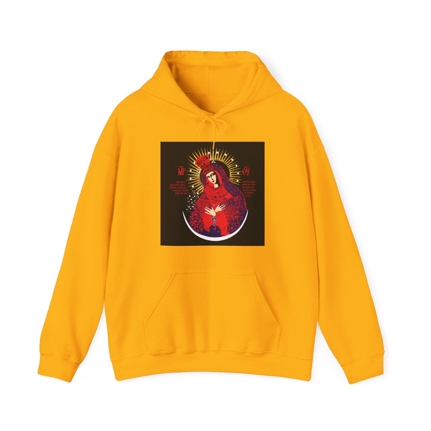 Gold hoodie featuring a vibrant red, blue, and gold icono-graphic of Our Lady the Gate of Dawn—Theotokos Crowned, Woman of the Apocalypse—inspired by the famous Vilnius Orthodox Christian icon on the front.