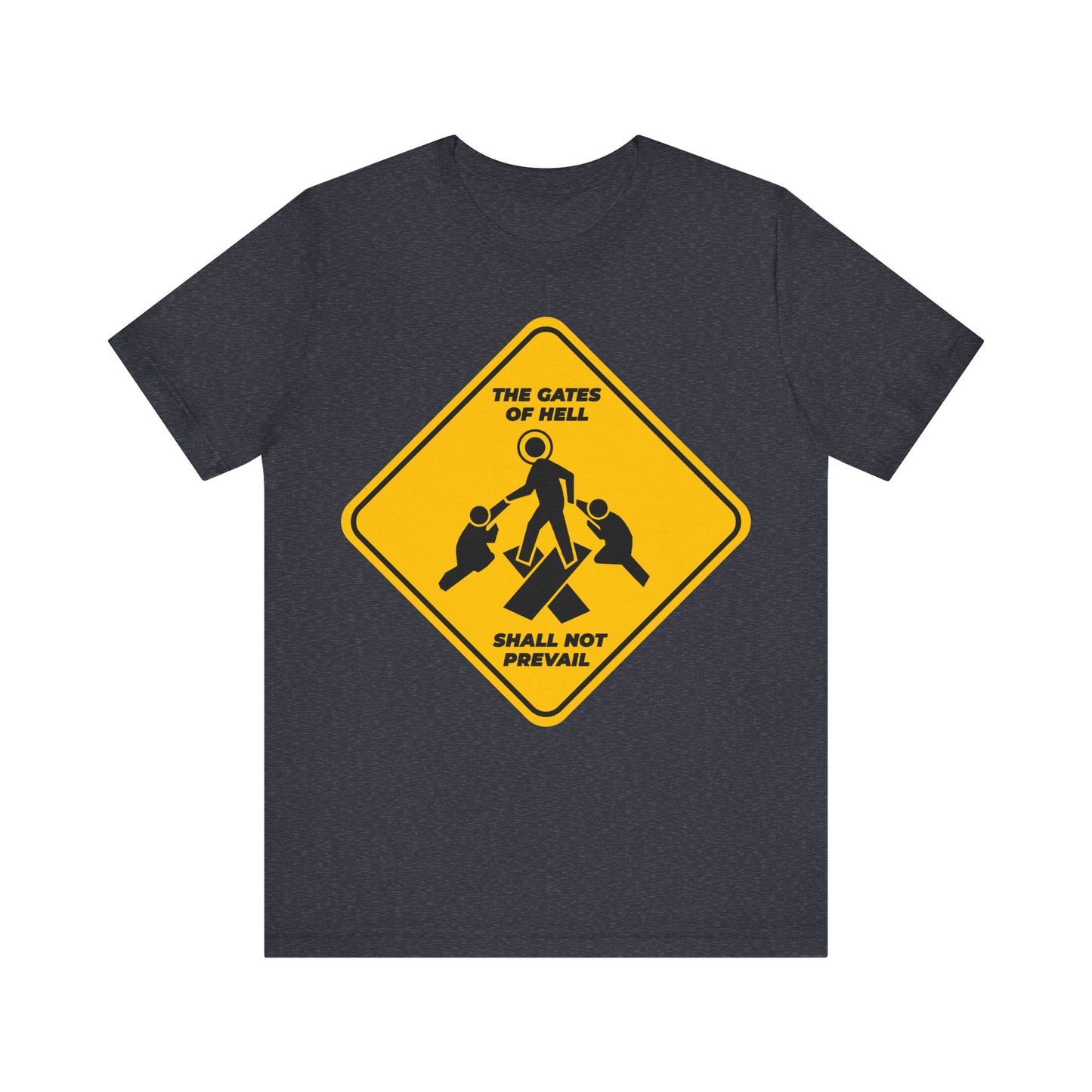 Gates of Hell Shall Not Prevail | Yellow Street Sign Minimalist Pascha Icon | Trampling Down Death By Death | Lightweight Cotton Unisex Tee