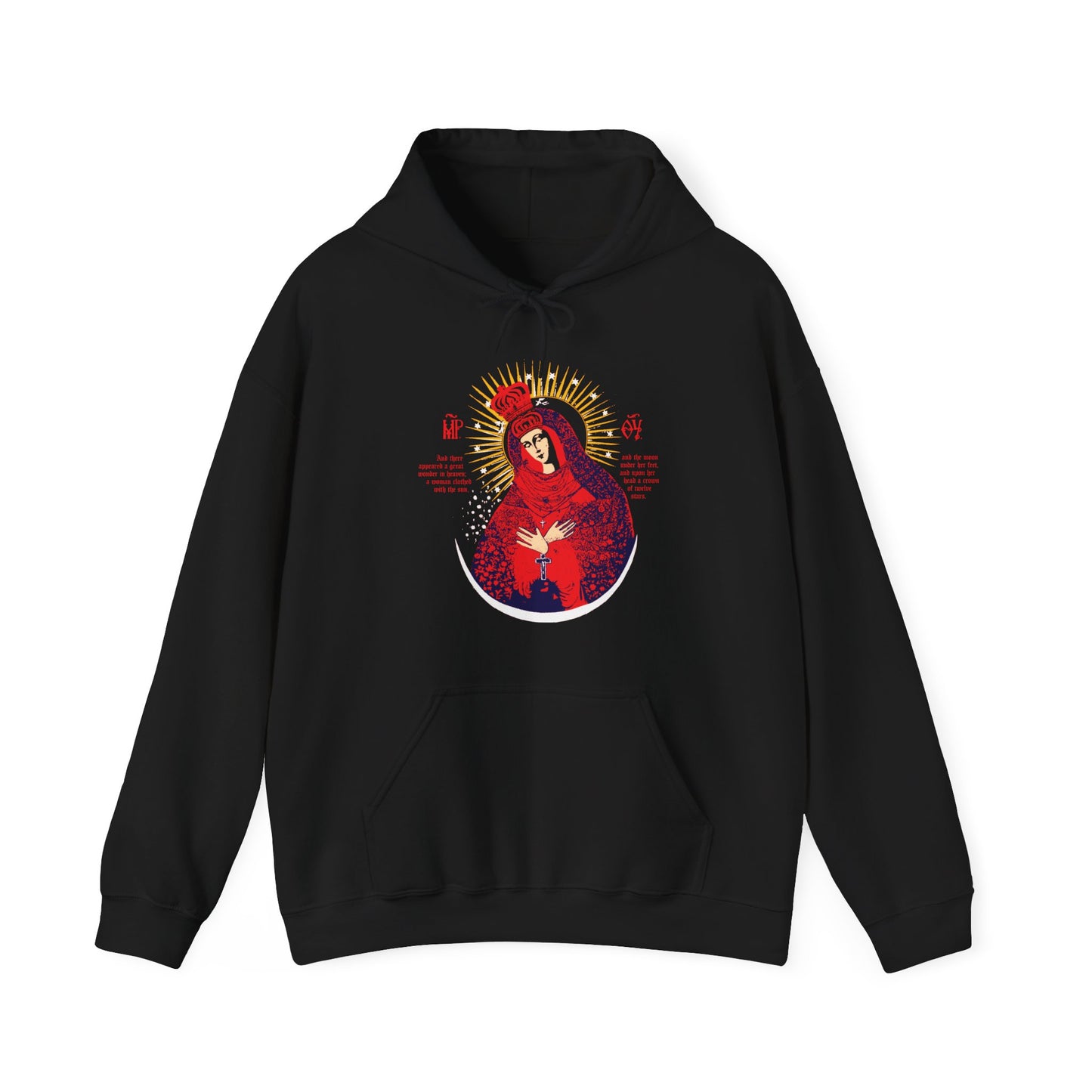 Black hoodie with a red, blue, and gold icono-graphic of Our Lady the Gate of Dawn, Theotokos Crowned and Woman of the Apocalypse—an Orthodox Christian design inspired by the Vilnius icon.
