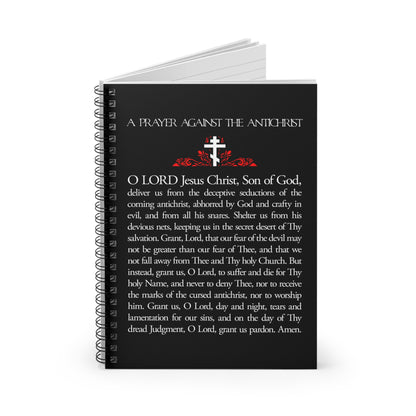 The "Prayer Against the Antichrist By Elder Anatoly the Younger of Optina" Orthodox Christian spiral notebook features Christ is King and Book of Revelation themes, with a cross and bold red accents on the cover.