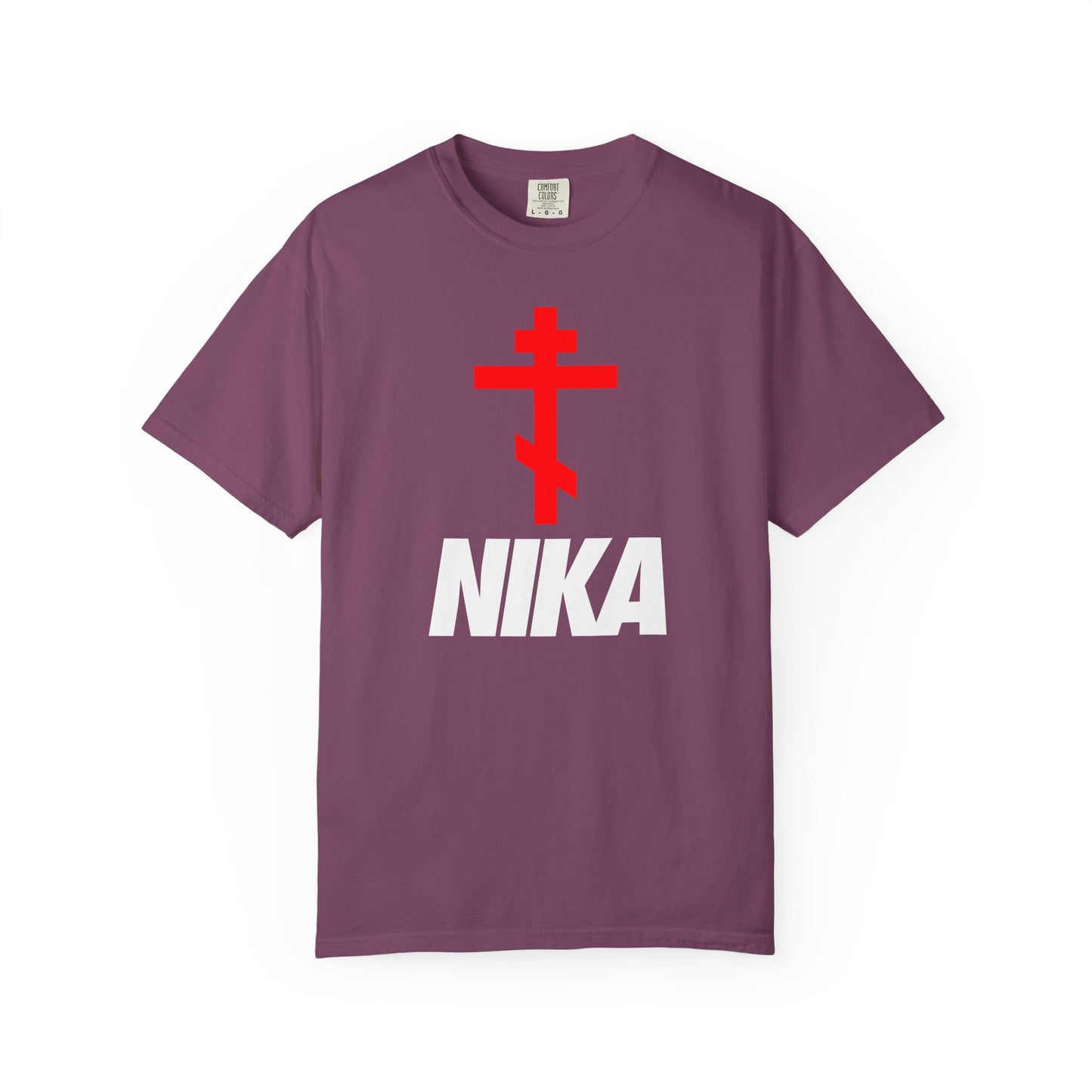 Berry heavyweight cotton unisex tee featuring an Orthodox cross above bold NIKA text, inspired by Revelation 3:21. Minimalist NIKE logo mashup, athletic ascetic style.
